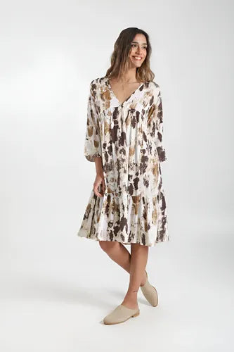 Vestido Manga Larga De India Estampado Modelo Amplio Blanco Con Marrón Manga Corta Estampado M