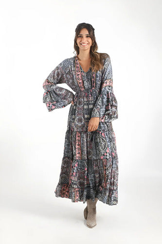 Vestido De Seda Hindú Largo Mangas Oxford Mod. 62 Gris Oscuro Estampado Único
