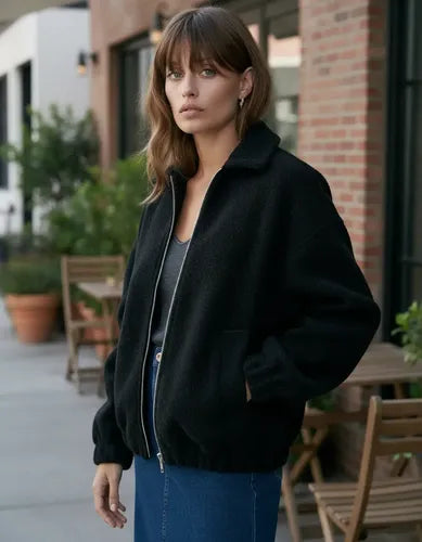 Campera Bomber Simil Paño Amplia Negro Único Liso