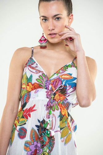 Vestido Solero India  Boho Estampado Blanco Estampado Unico