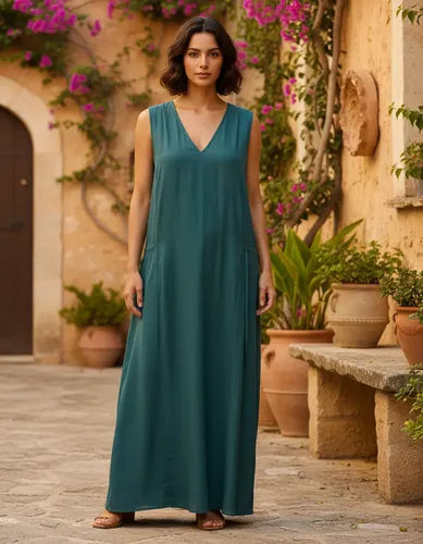 Vestido Largo Simil Seda Amplio Sin Mangas Azul Petróleo Lisa Único