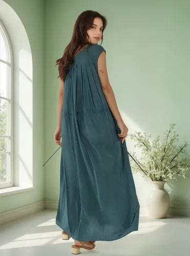 Vestido Largo Simil Seda Amplio Sin Mangas Azul Petróleo Lisa Único