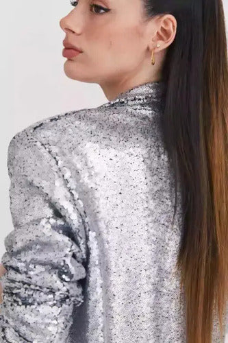 Saco Blazer Lentejuelas Plata Plateado Liso 40