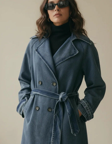 Trench Jean Tapado Denim Largo Sobretodo