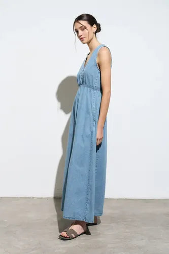 Vestido De Jean Camisero Largo Nuevo 2da Selección Celeste Liso L