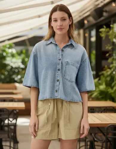 Camisa De Jean Denim Manga Corta Modelo Grande