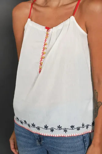 Blusa Musculosa Bordada Importada Crema Bordado Único