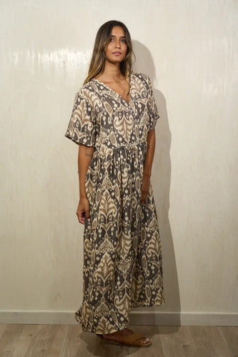 Vestido Largo De Seda Hindú Modelo Amplio Mod. 04 Marrón Estampado Único