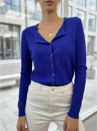Cárdigan Saquito De Mujer Importado Tejido Azul Liso Unico