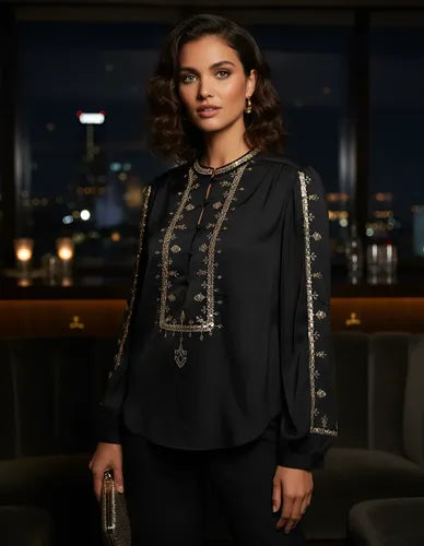 Blusa Manga Larga Con Dorado Fiesta Noche Modelo Amplio Negro Lentejuelas Xl