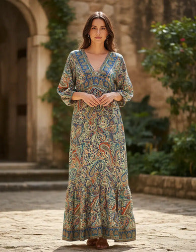 Vestido Largo De Seda Hindú Mangas 3/4 Multicolor Estampado Único
