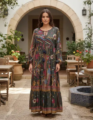 Vestido Largo Seda Hindú Manga Larga Nuevo 2da Selección Multicolor Estampado Único