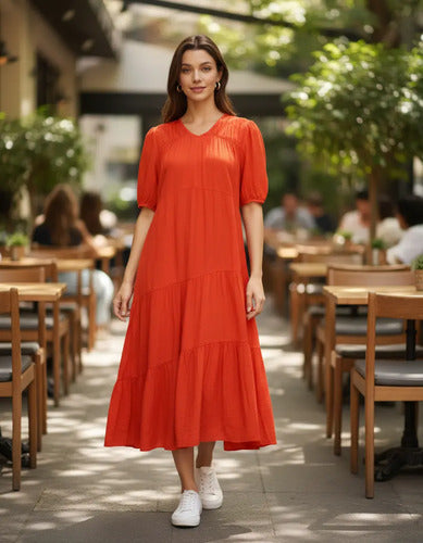Vestido De Simil Seda Largo Con Bolsillos Verde Liso Único
