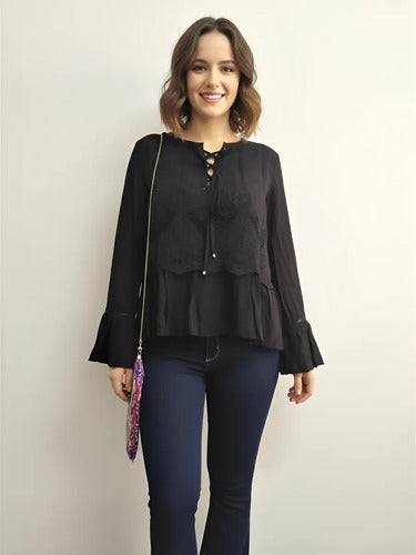 Blusa Camisa Importada Mangas Oxford Estilo Vars Boho Negro Lisa S