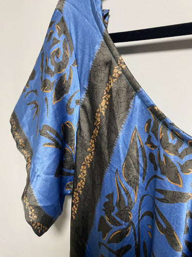Vestido Largo Seda Hindú Modelo Amplio Nuevo 2da Selección Celeste Estampado Único