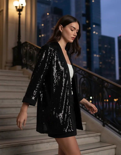 Saco Kimono De Lentejuelas Noche Fiesta Negro 40