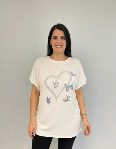 Remera Strass Importada Talle Grande Modal Blanco Corazones 3xl Lisa