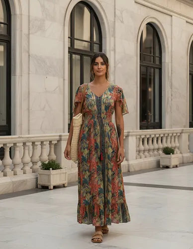 Vestido De Seda Hindú Mod. 6 Multicolor Estampado Único