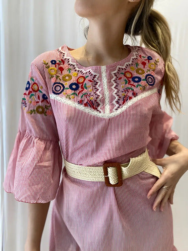Vestido Camisa Bordado  Boho Rojo Rayas M