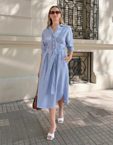 Vestido Camisero Rayado De Lino