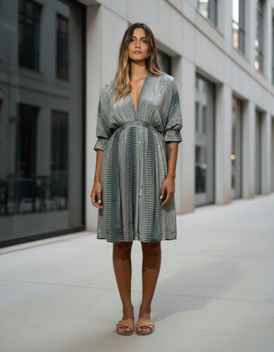 Vestido De Seda Hindú Corto Amplio Mod. 41 Gris Oscuro Estampado Único