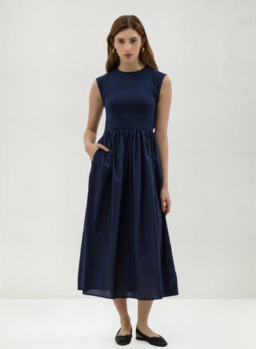 Vestido Largo Sin Mangas Combinado Con Ribb Y Poplin