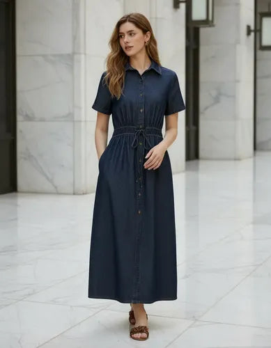 Vestido Jean Camisero Largo Manga Corta