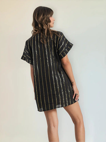 Vestido De Noche Fiesta De India Lurex Y Lentejuelas Negro Lineas Lurex Único