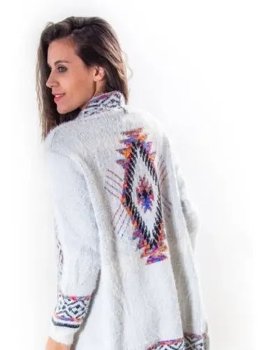 Saco Blanco Con Flecos Importado Talle L Estilo Folk Blanco Geométrico L