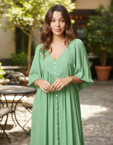 Vestido De Simil Seda Con Botones Verde Liso Único