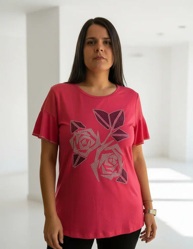 Remera  Modal Strass  Rosas Importada  Fucsia Rosas Xl Liso