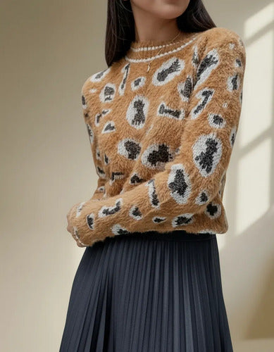 Sweater De Mujer Importado  Animal Print Pelo De Mono Marrón Animal Print Único