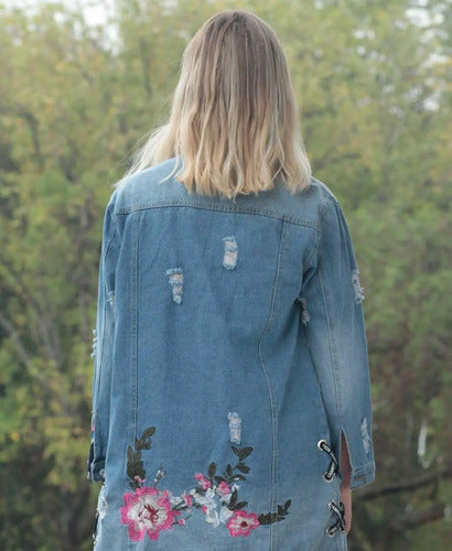Campera Saco De Jean Bordada Celeste S Bordado