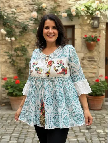 Blusa Camisa Bordada Importada Boho Amplia Blanco Bordado Unico