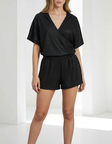 Conjunto Short + Blusa De Crepe Metalizado Noche Fiesta Negro Liso 42