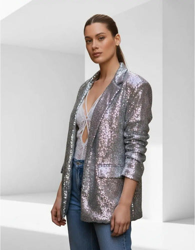 Saco Blazer Lentejuelas Plata Plateado Liso 40