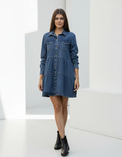 Vestido De Jean Denim Manga Larga