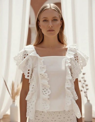 Blusa De Broderie Corta Blanco Lisa Xl