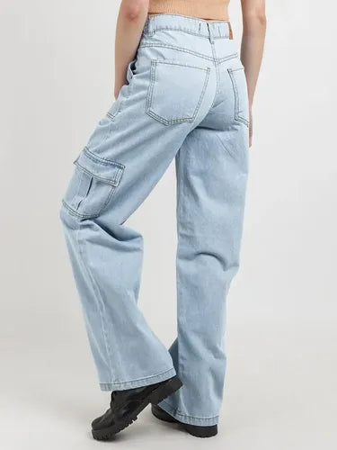 Jean Wide Leg Cargo Ruse Celeste Liso 38