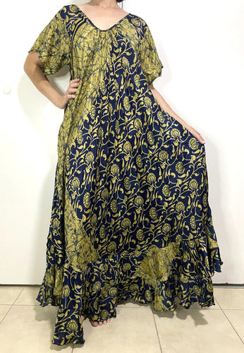 Vestido Seda Hindú Modelo Amplio Xxxl Azul Estampado Único