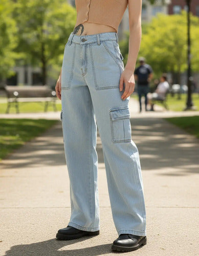 Jean Wide Leg Cargo Ruse Celeste Liso 38