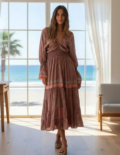 Vestido De Seda Hindú Mod. 63 Coral Oscuro Estampado Único