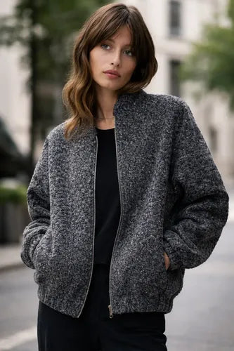 Campera Bomber De Bouclé Gris Oscuro Único Liso