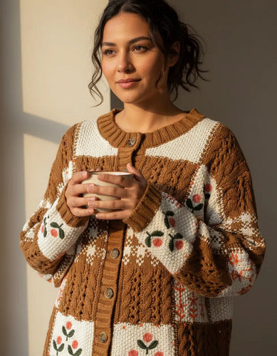 Saco Cárdigan Tejido Amplio Bordado Folk Boho