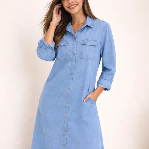 Vestido Camisero De Jean Maxi Celeste Lisa 4