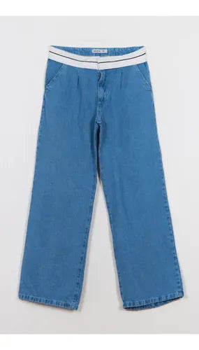 Pantalón Jean Wide Leg Jean Rígido Con Aplique  Denim