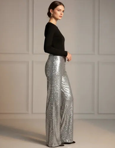 Pantalón De Lentejuelas Plateado Liso 40