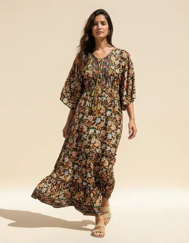 Vestido De Seda Hindú Largo Mod. 18 Negro Estampado Único