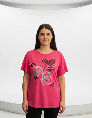 Remera  Modal Strass  Rosas Importada  Fucsia Rosas Xl Liso