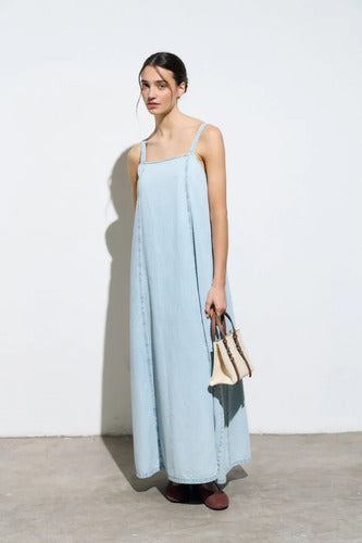 Vestido Jean Largo Solero Denim Nuevo De 2da Selección Celeste Liso S